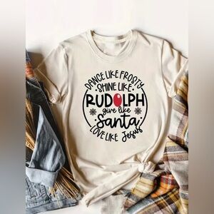 Womens Christmas Dance Like Frosty Love Like Jesus Cream Short Sleeve Tee